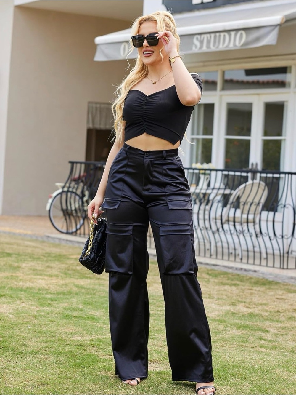 Amazon Cargo Satin Wide-Leg Pants - Black - NWOT